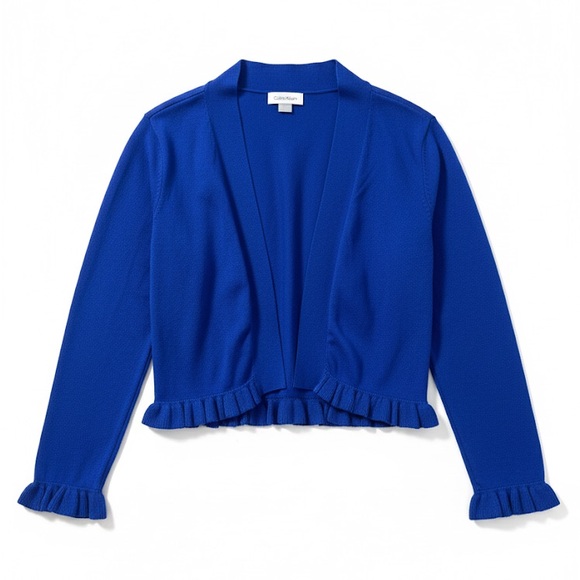Calvin Klein Open Front Ruffled Sleeve & Hem Blue Cardigan Sweater Size Smaller - Picture 1 of 4